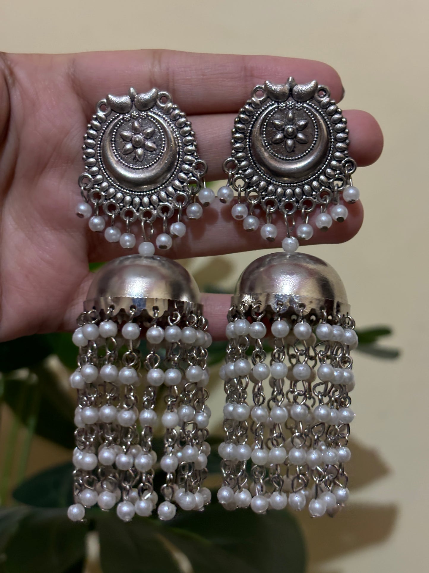 Oxidised Jhumka with Pearl strings