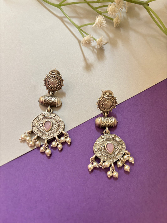 Silver Brass Jhumke- Pink